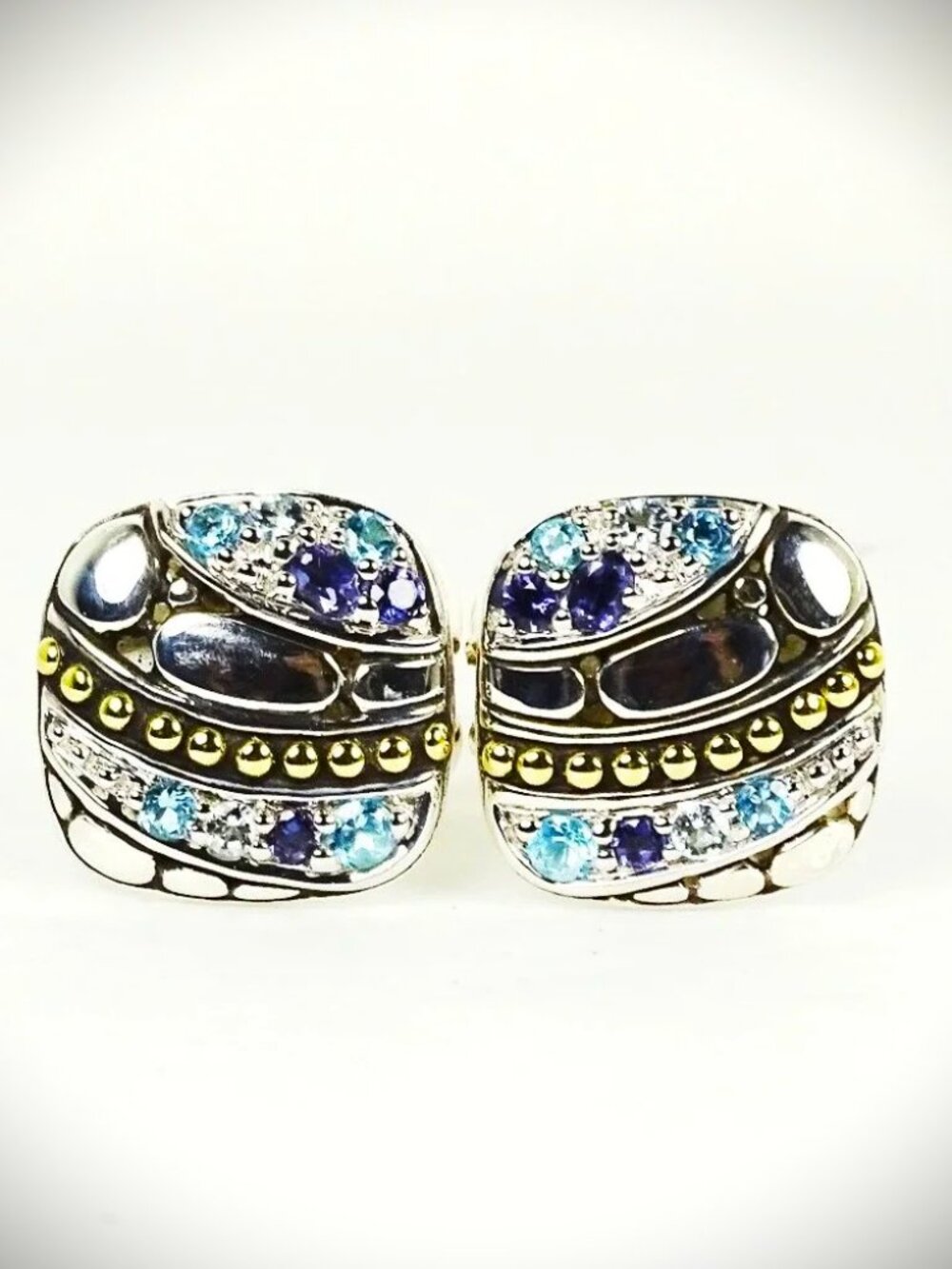 JOHN HARDY NWOT Sterling & 18K Gold Lavafire Sea Colorway Square Stud Earrings